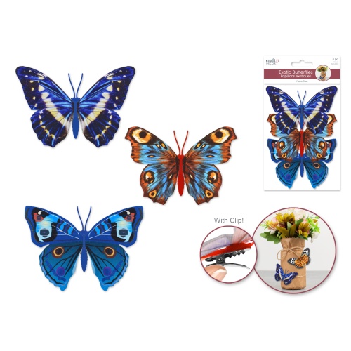 11cmx8cm Patterned Butterflies x3 w/Clip B) Blue