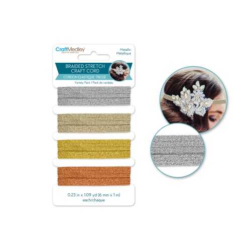 Craft Medley: 6mm X 4m Braided Stretch Craft Cord (4x1m) C) Metallic Mix