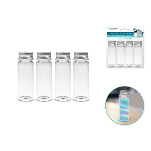 Glass Bottles 22x65mm. 17ml. Mini Containers w/Matte Alum. 4pk.