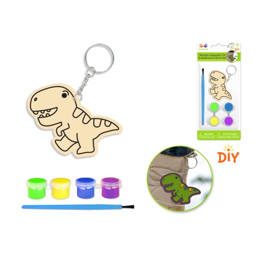 Wood Keychain Kit DIY w/4 Paint Pots+Brush D) T-Rex