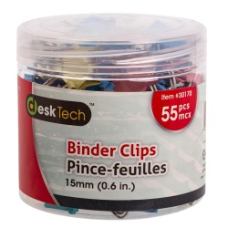 Binder Clip 55pcs 15mm, Multi colour, w/container Desk Tech
