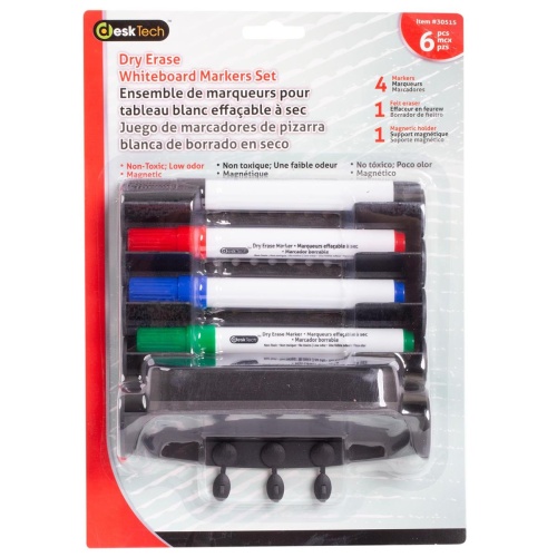Dry Erase Marker 5-pc set 4 colors, Rd/Bu/Bk/Gr DeskTech