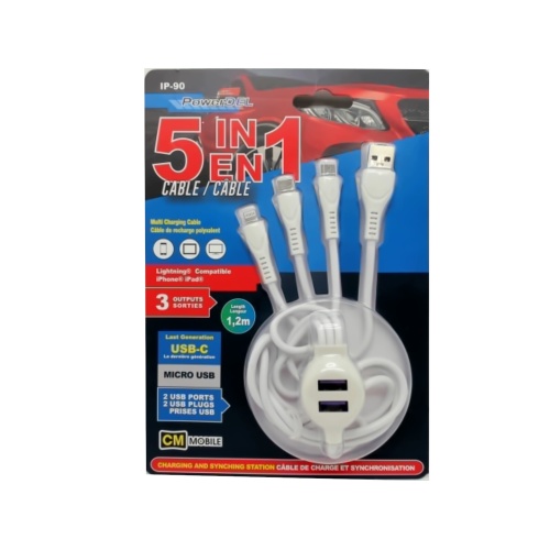 5 in 1 cable with 2 USB ports - Lightning™ - Type-C® - microusb 1.2m multi charging cable