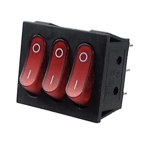 Red Rocker Switch Triple ON-OFF 20A / 125V AC  or 15A / 250V 3.P.D.T. 9 pins