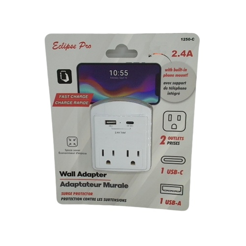 Multicharger with surge protector - USB-A Type-C® 2.4A total with 2 outlets