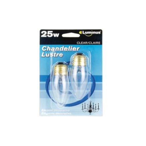 Chandlier bulb 25w 2pk Med Base clear Luminus