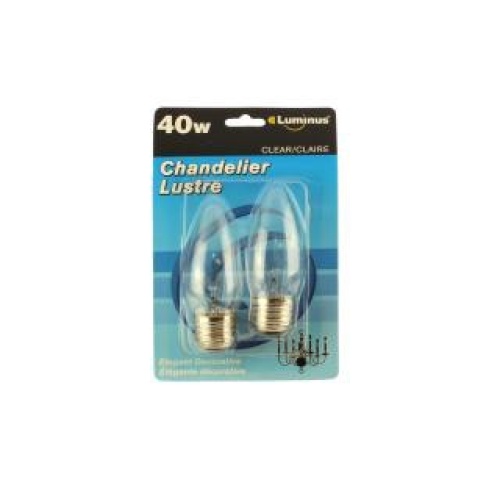 Chandlier bulb 40w 2pk Sm Base clear Luminus