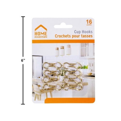 Cup hooks 16 pc brass colour - home essentials