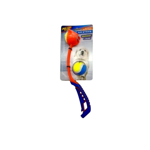 Dog Toy Air Strike Thrower w/2 Mini Squeaky Tennis Balls Nerf Dog
