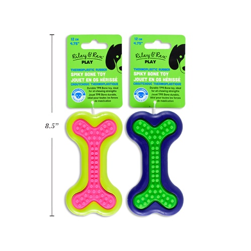 Spiky Dog Bone 4.75in x 2.5in 2-Tone TPR. 2 Asst.Colours.