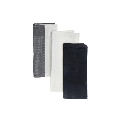 Kitchen Towel Set Of 3 Pcs Block Print Waffle  Black 18 X 28"