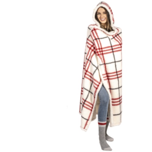 Printed hooded throw with reversible sherpa 48x65 inch red plaid