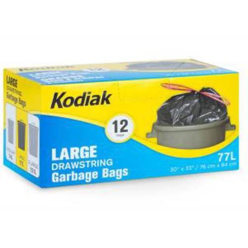 DRAWSTRING GARBAGE BAGS REG BLACK 760x840MM 12/ROLL KODIAK