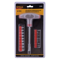 Screwdriver T-handle with Assorted bits and sockets - 21 pcs