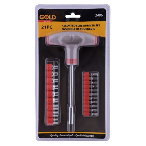 Screwdriver T-handle with Assorted bits and sockets - 21 pcs