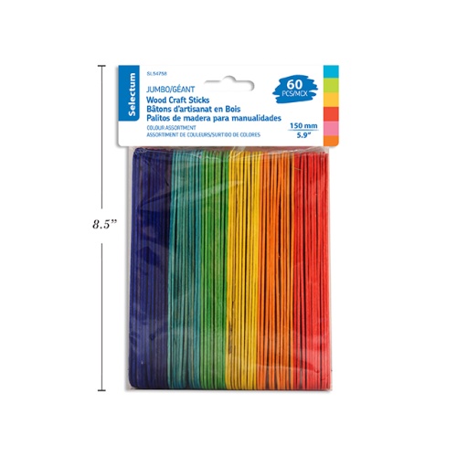 Wood Craft Sticks 60Pk Jumbo Size Colored Asst.