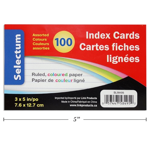 COLOURED INDEX CARDS 3X5RULED100/SHRINK WRAPPED