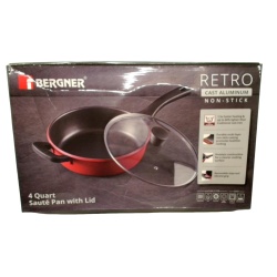 4 Quart Saute Pan w/Lid Red Retro Cast Aluminum Non-Stick Bergner