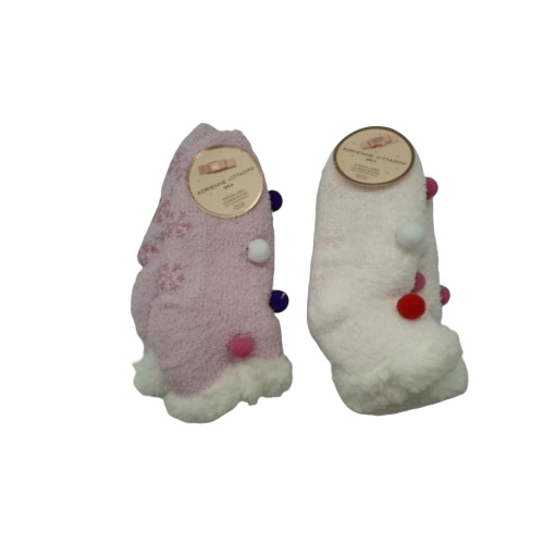 Girls Lounge Socks Sherpa Lined Non Skid W/poms Adrienne Vittadini