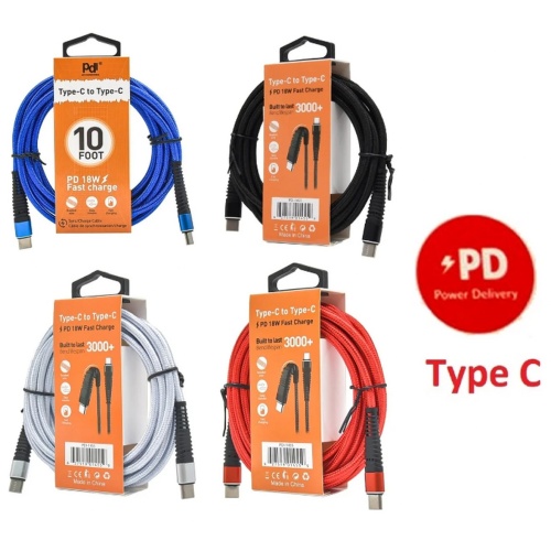 USB C - USB C 10Ft Braided Cable Ass't Colours PDI