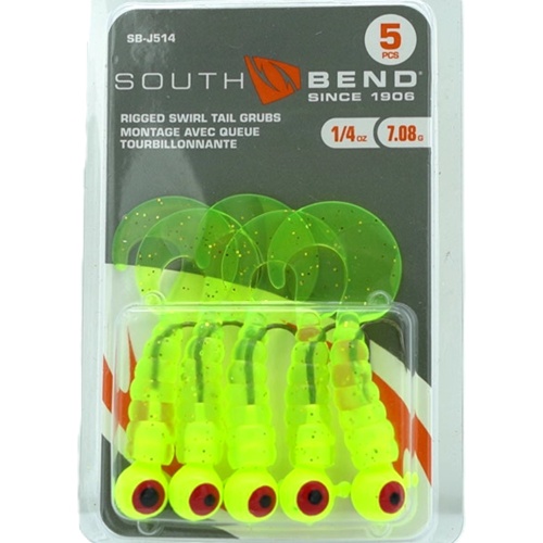 Rigged Swirl Tail Grubs 1/4oz. 5pk. Chartreuse Glitter South Bend