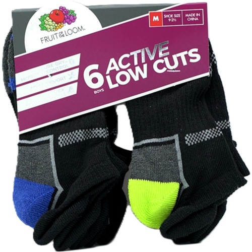 Socks Boy's 6pk. Low Cuts Black Assorted Size 9 - 2-1/2 Fruit Of The Loom