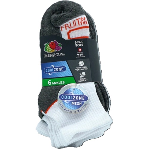 Socks Boy's 6pk. Ankles White Assorted Cool Zone Size 9 - 2-1/2 Fruit Of The Loom