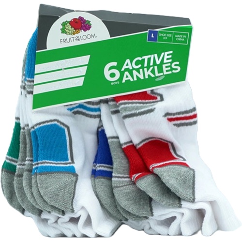 Socks Boy's 6pk. Ankles White Assorted Size 3-9 Fruit Of The Loom