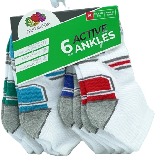 Socks Boy's 6pk. Ankles White Assorted Size 9 - 2 1/2 Fruit Of The Loom