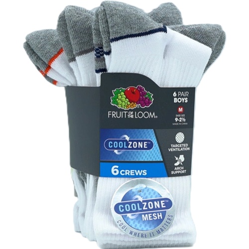 Socks Boy's 6pk. Crews White Assorted Cool Zone Size 9 - 2 1/2 Fruit Of The Loom