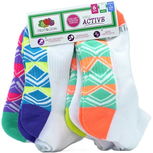 Socks Girl's 6pk. Ankles White Assorted Size 4-10 Fruit Of The Loom