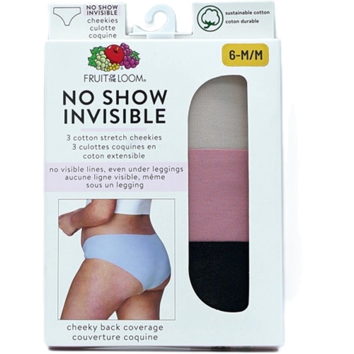 No Show Invisible 3pk. Medium Cotton Stretch Cheekies Fruit Of The Loom