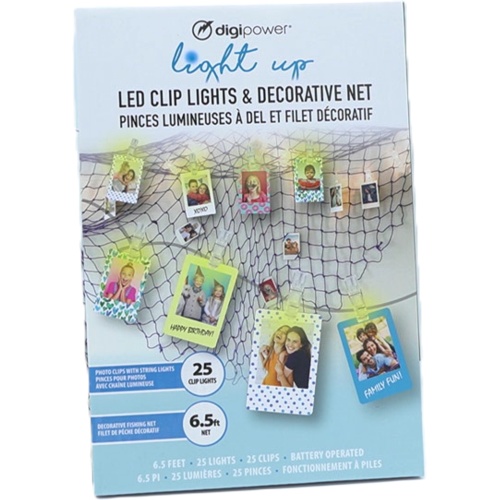 6.5' Decorative Net w/25 Photo Clips & LED String Lights Battery Operated Digipower