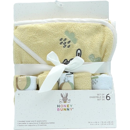 6pc. Wash Cloth Set w/Hooded Towel Yellow Honey Bunny