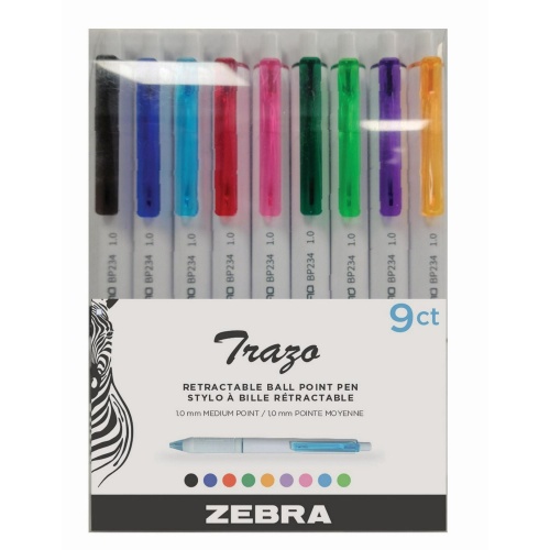Retractable Ball Point Pens 9pk. Ass't Colours Trazo Zebra
