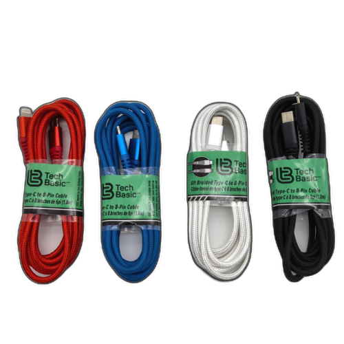 6' Braided Cable Usb Type-c To Lightning Tech Basic Assorted Colours