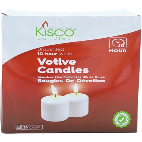 Votive Candles 36pk. White Unscented 10 Hour Kisco Candles(BU .49each)