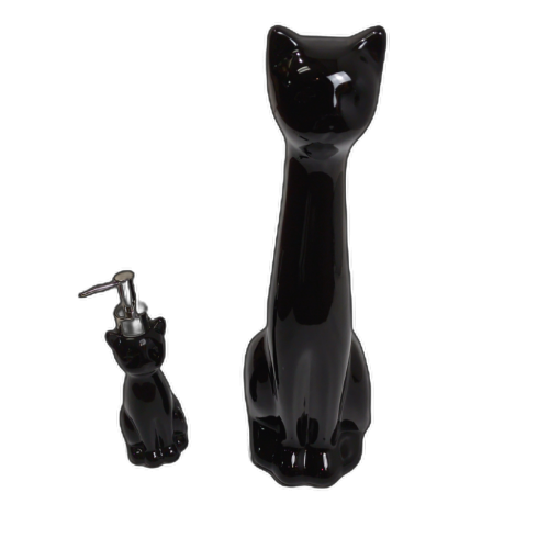 Ceramic Black Cat Bowl Brush Holder & Lotion Pump Set