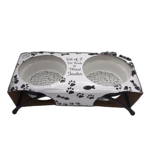 Set Of 2 Pet Bowls In Metal Feeder Cat Faces